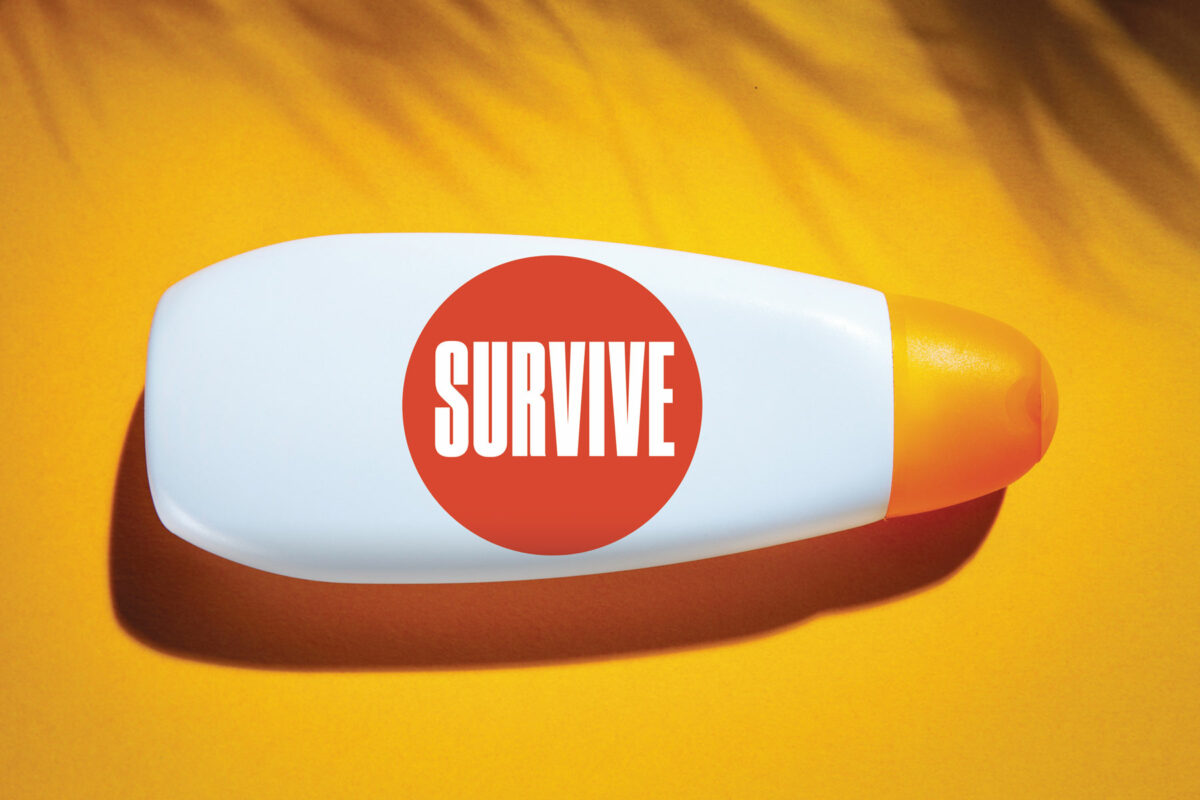 a white bottle of sunscreen with a red sticker that says survive