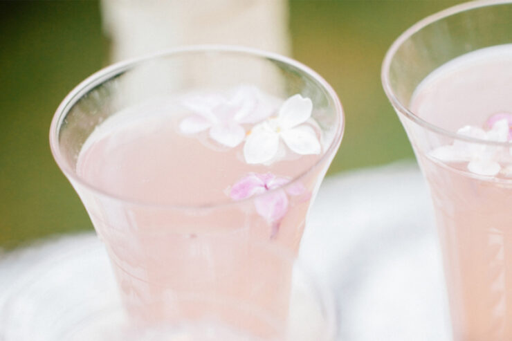 clear glasses filled with pink drink and flowers decorated on top