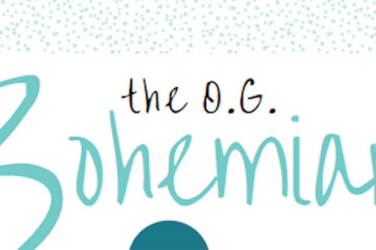 Mint green text with small dot pattern above it and large blue dots below