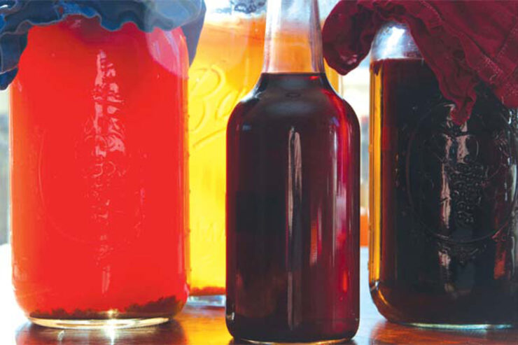 Bottles of various shapes and sizes filled with an assortment of vinegar flavors